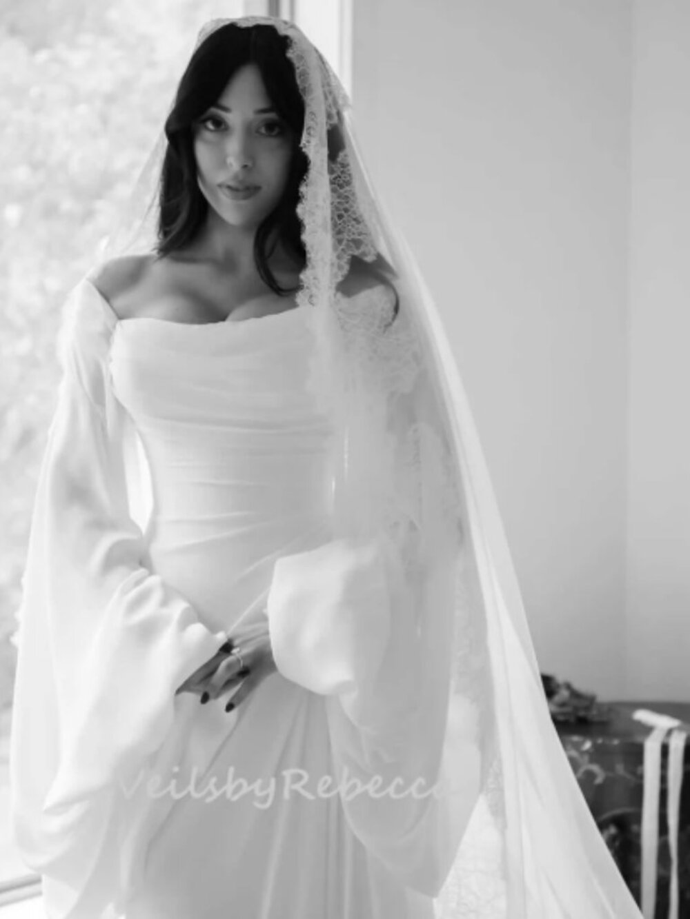 Soft Ivory Chantilly Eyelash Lace Cathedral Wedding Veil 98" Mantilla Veil